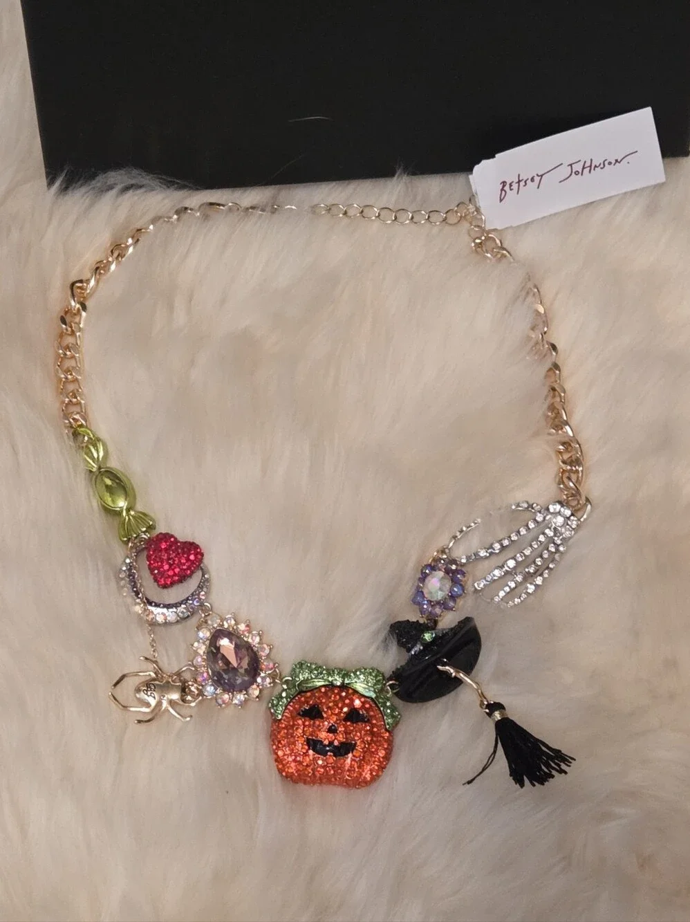 Betsey Johnson Halloween Pumpkin Witch Hat Moon Heart  Rhinestone Necklace NWT